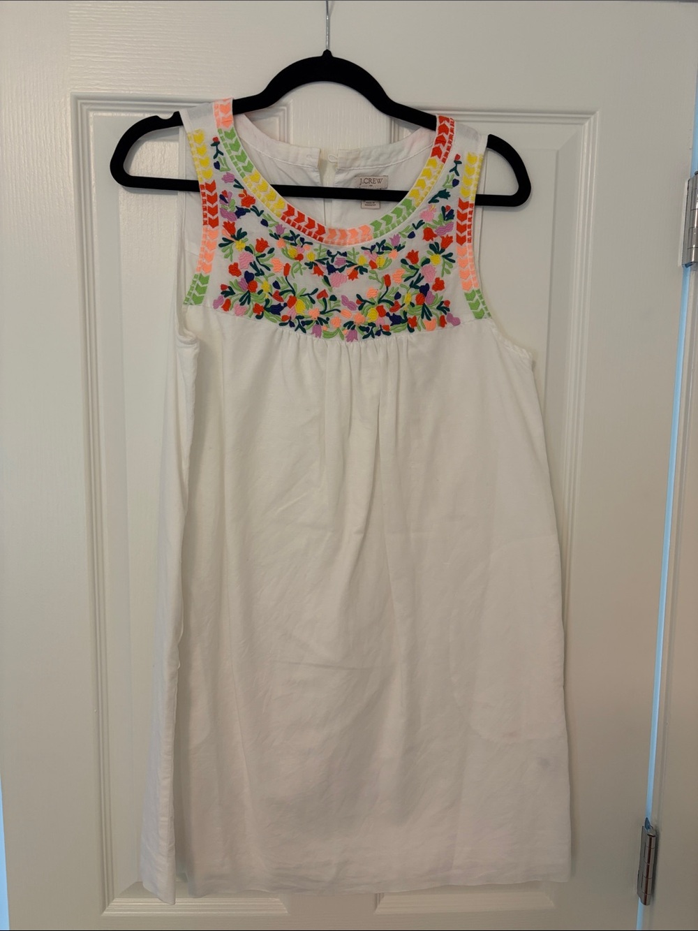 J. Crew White Sleeveless Dress with Bright Floral Embroidery